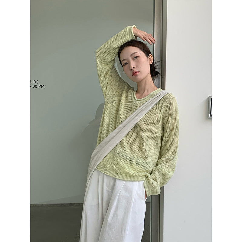 2025 [4 colors optional] Wool V-neck hollow knitted sweater 2025 early spring new Korean version simple lazy sweater M17