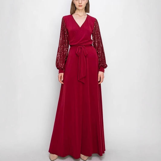 MAOXIANGSHOP 2025 spring and summer new product fashion V-neck lace-up sequined 2025 dress mid-waist lantern sleeve long evening dress