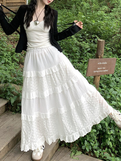 maoxiangshop-shop church outfit White Gentle Style Skirt Women's Early Spring High Waist Umbrella Skirt A- Line Skirt Long Skirt Cake Skirt Design Lace Skirt