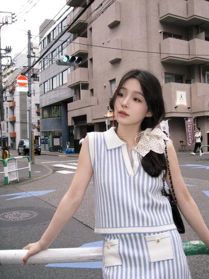 Blue and white vertical stripe knitted suit women's  new sea salt mint blue polo neck sleeveless vest top skirt
