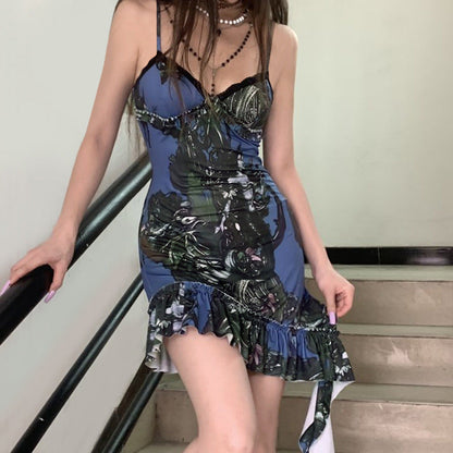 maoxiangshop urban legends dress to impress Gothic Style Abstract Printed Irregular Suspender Skirt Niche Hot Girl Lace Collar Tight Waist Ruffled Dress