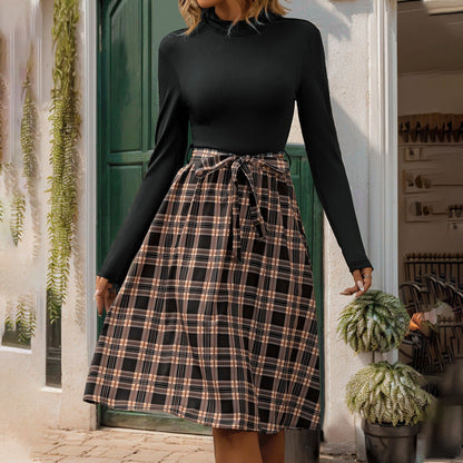 maoxiangshop outfit inspo fall 2024 Autumn and Winter New Stitching Skirt Slim Commuter Elegant Plaid Lace-up Dress