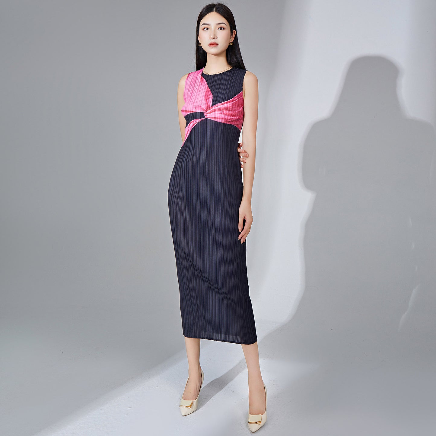 dress long high-end temperament sleeveless printing fashionable and elegant versatile one-step skirt pleated skirt summer