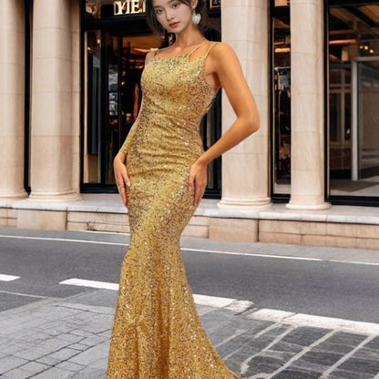MAOXIANGSHOP 2025 2025 New new fashion V-neck hip wrap sequined mid-waist off-the-shoulder small trailing long evening dress dress