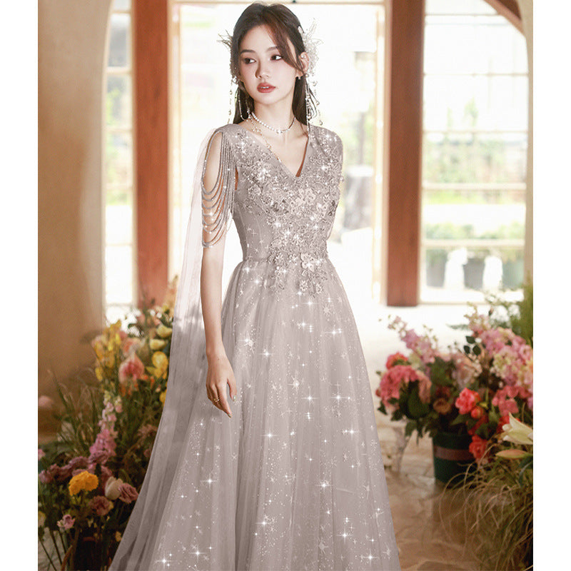Banquet evening dress skirt 2025 spring new gray streamer New Zheng art examination red song chorus performance suit