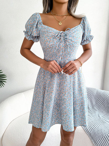 maoxiangshop Summer Floral Print Dress Women Ruffle Square Collar Back Lace-up Sundress Boho A Line Beach Party Dress