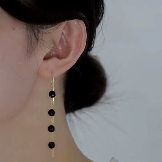 Temperament light luxury long black crystal fringed ear line women's 2025 new design earrings show face thin earrings