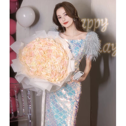 Sequined evening dress women's high-end sense high-end niche light luxury annual meeting host fishtail vocal art test bright dress