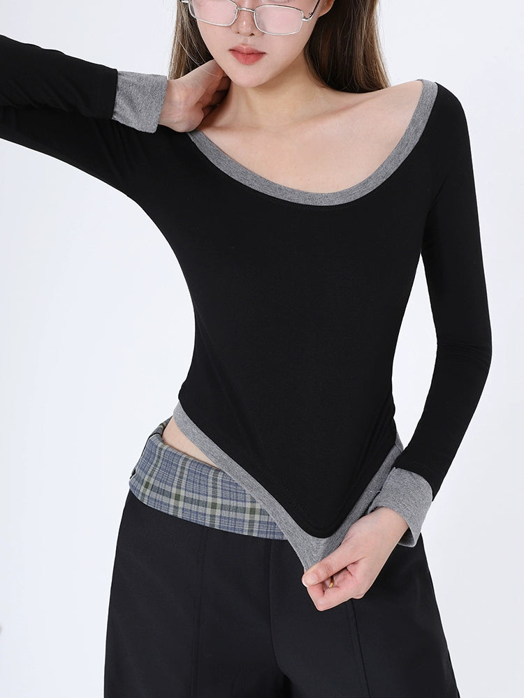 2025n Spice Girl Slim Sexy Long Sleeve T-Shirt Autumn New Contrast Color Design Fashion Temperament Top Women