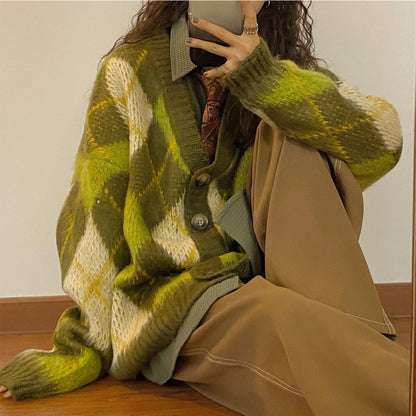 maoxiangshop-shop non binary outfits American Retro New Autumn and Winter Loose Green Rhombus Sweater Cardigan Coat Thickened Lazy Sweater for Women