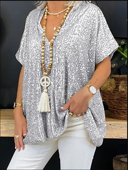 MAOXIANGSHOP 2023 2025 new independent station 2025 new loose sequin V-neck short-sleeved casual sequin deep V shirt