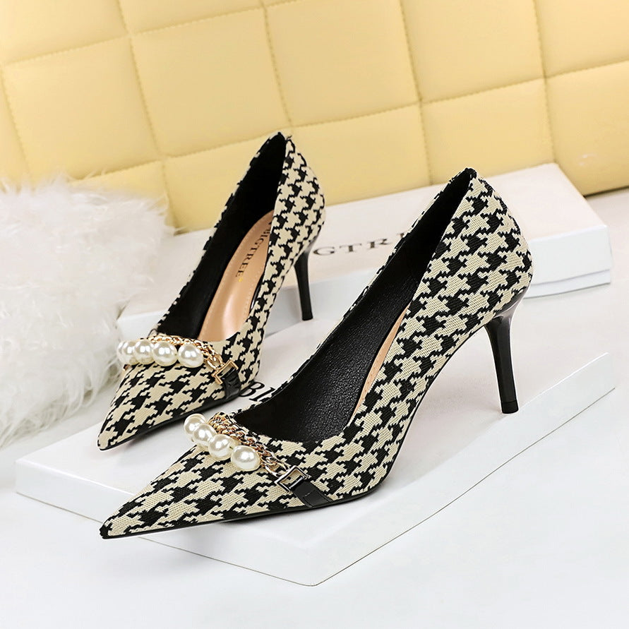 9283-1 2025 style thousand bird grid high heels thin heel high heel shallow mouth pointed pearl chain plaid pattern women's single shoes
