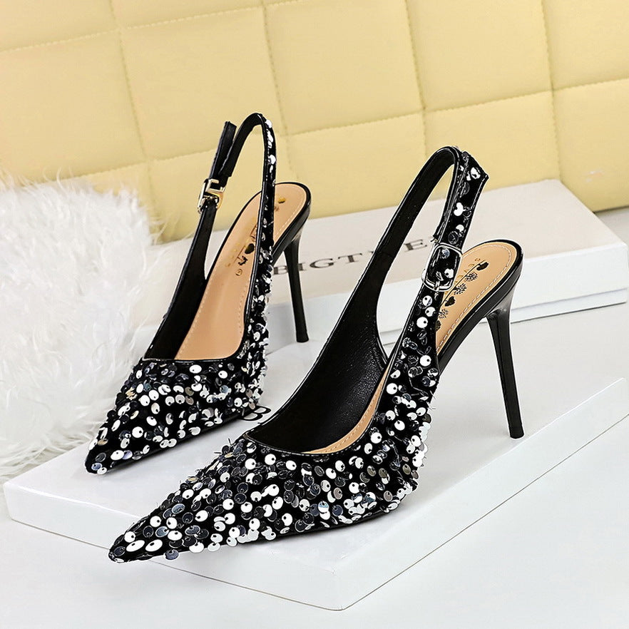 869-A22 2025 style banquet high heels women's shoes rear empty shoes shallow mouth pointed head hollow rear strap sequined single shoes