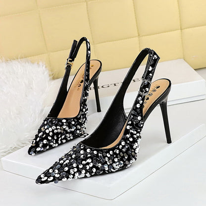 869-A22 2025 style banquet high heels women's shoes rear empty shoes shallow mouth pointed head hollow rear strap sequined single shoes