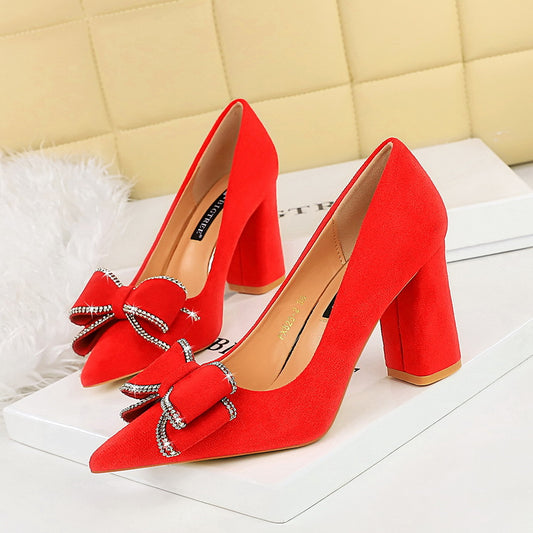 828-H30 Korean version of fashion spring and autumn new high heels thick heel suede light mouth pointed bow single shoes women's shoes