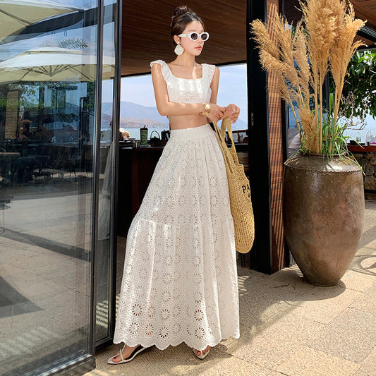 Holiday style white embroidery hollow lace suit skirt summer  temperament small vest half-length skirt two-piece set