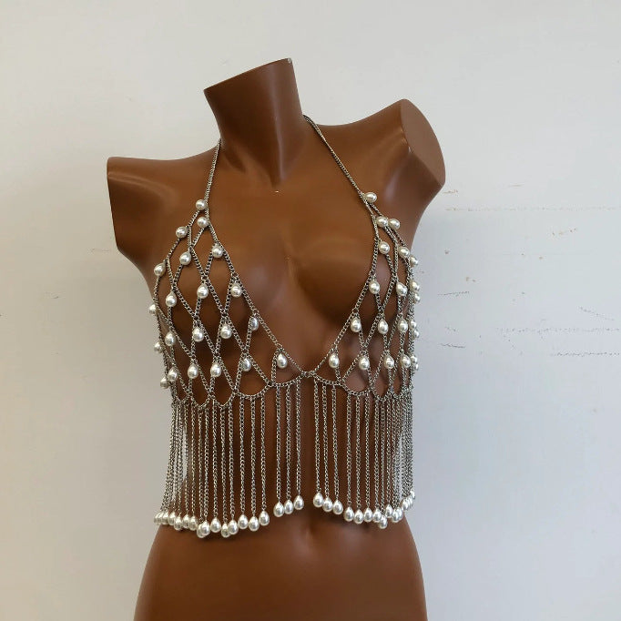 2025 LH4735 Cross-border hot-selling handmade personalized water drop pearl chain fringed chest chain clothing chain, hollow body chain