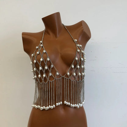 2025 LH4735 Cross-border hot-selling handmade personalized water drop pearl chain fringed chest chain clothing chain, hollow body chain