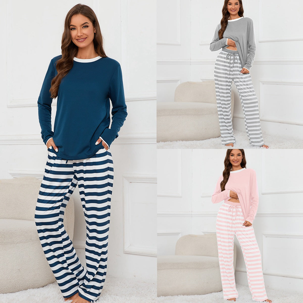 MAOXIANGSHOP 2025Real spot New new round neck long-sleeved top striped printed tether trousers loungewear pajamas set women