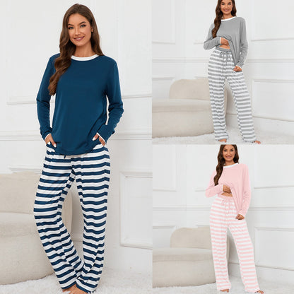 MAOXIANGSHOP 2025Real spot New new round neck long-sleeved top striped printed tether trousers loungewear pajamas set women
