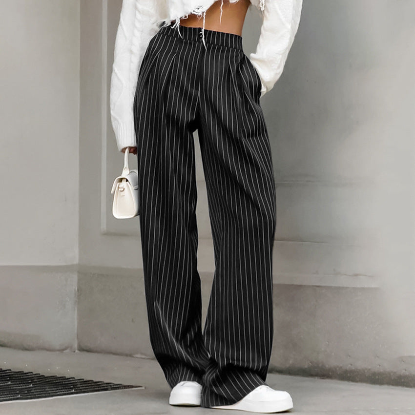 maoxiangshop 2000s fashion Navy Blue Striped Wide-Leg Pants for Women 2024 Autumn and Winter New Casual Suit Pants Draping Trousers for Women