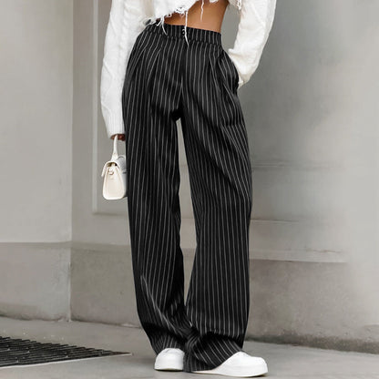 maoxiangshop 2000s fashion Navy Blue Striped Wide-Leg Pants for Women 2024 Autumn and Winter New Casual Suit Pants Draping Trousers for Women