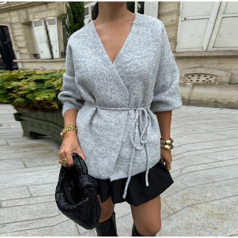 MAOXIANGSHOP 2025 Price reduction! Real shot - solid color lace-up cardigan jacket, Popularan, n New autumn and winter belt explosion woolen independent sweater
