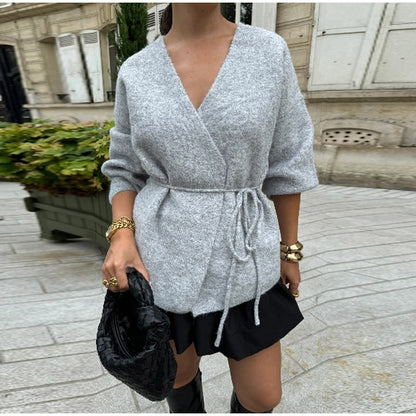 MAOXIANGSHOP 2025 Price reduction! Real shot - solid color lace-up cardigan jacket, Popularan, n New autumn and winter belt explosion woolen independent sweater