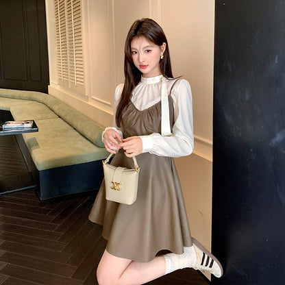 2025 popular autumn new Korean version temperament versatile suspender dress PU pure desire short leather skirt women 88119