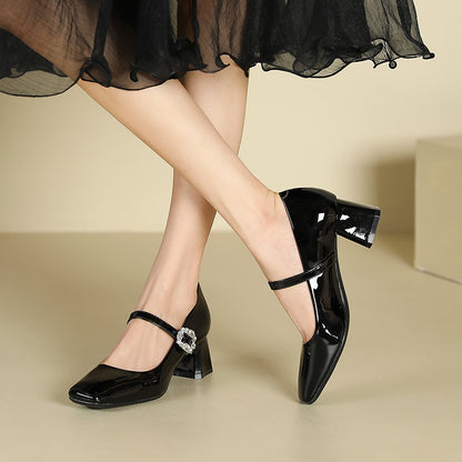 2025 5299-A6 one-word bag head thick heel single shoes women's square head rhinestone high heels student dress professional commuting women's shoes