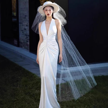 2025 light wedding dress slim bride wedding welcome v-neck sexy travel photography simple annual meeting dinner neck dress