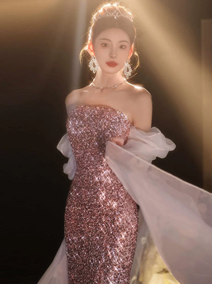 Light luxury fishtail evening dress women's high-end high-end sense sequins temperament socialite niche banquet annual meeting long dress pink autumn