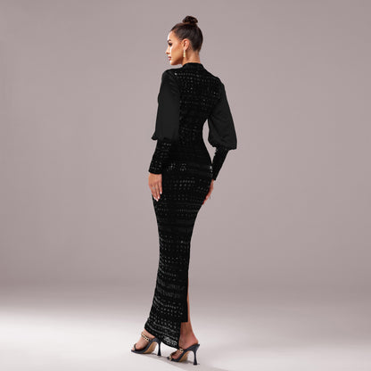 2025 new high-end long-sleeved crew neck banquet sequined hip-wrapped split evening dress bridesmaid dress women