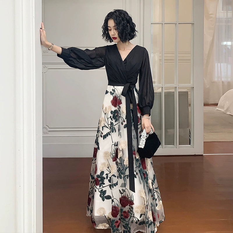 High-end small evening dress skirt women's design sense light luxury niche socialite banquet temperament black long annual meeting host