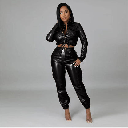 maoxiangshop-shop lookbook outfits Autumn and Winter Hot Sale Fashion Slim PU Leather Fleece Trousers 6 Pockets Tooling Suit Temperament Factory