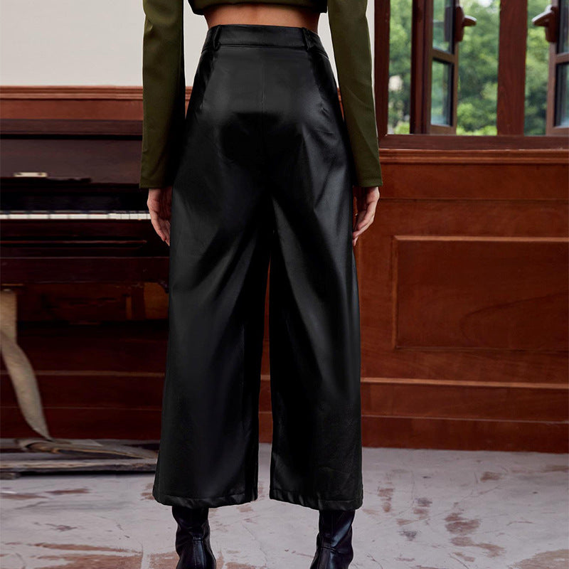 maoxiangshop 2000s fashion Autumn and Winter Loose Leather Pants Personality Harem Trousers Straight Pants Black Wide Leg Pants