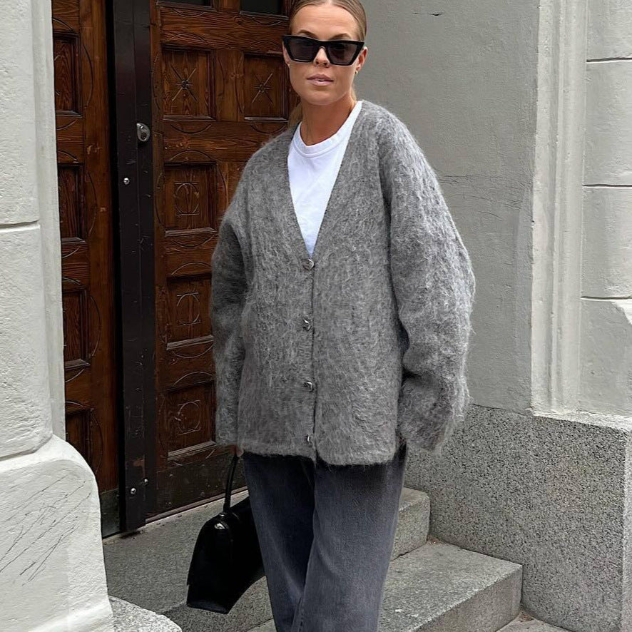 MAOXIANGSHOP 2025 Solid color V-neck knitted cardigan  New lazy knitted zipper loose long-sleeved jacket sweater cardigan