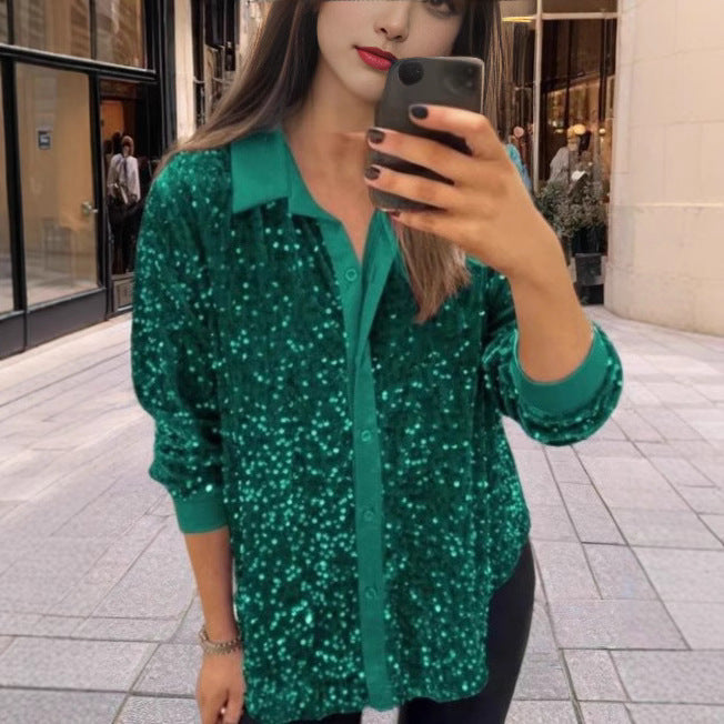 MAOXIANGSHOP 2025 New winter new  independent station 2025 fashion lapel button sequined shirt top women's clothing