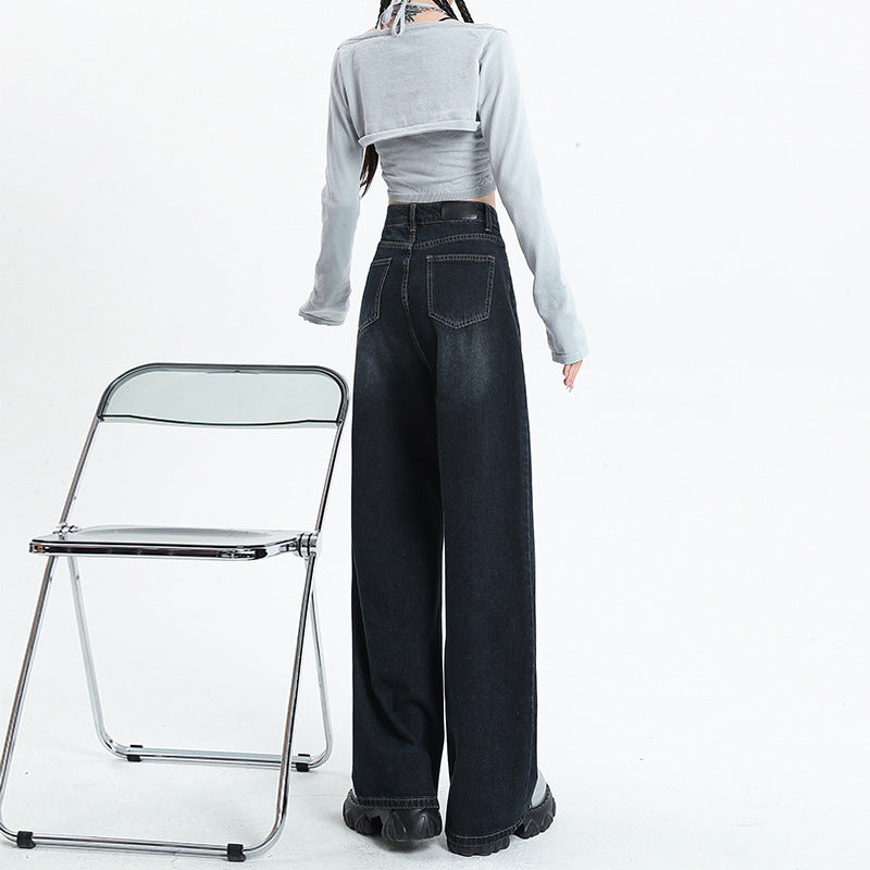 concert outfit Blue and Gray Wide-Leg Jeans for Women Spring and Autumn  New High Waist Straight Loose Mop Pants American Retro