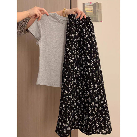 maoxiangshop-shop teacher outfits 2024 Black Floral Skirt Women's Summer High Waist Midi Skirt A- Line Skirt Temperament Short Sleeve T-shirt Two-Piece Suit