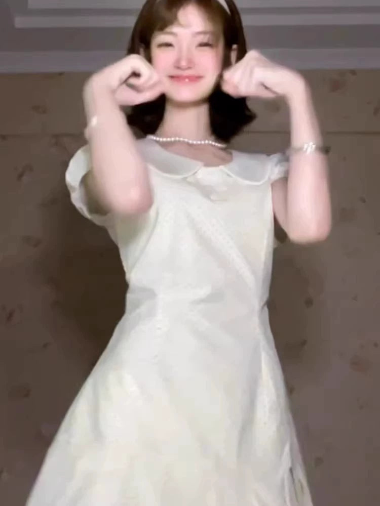 Pure first love small white dress women small summer  white polka dot dress sweet waist pleated skirt