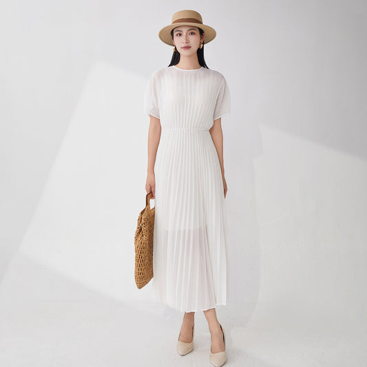 High-quality seaside skirt atmosphere vacation drape lining solid color chiffon waist temperament dress
