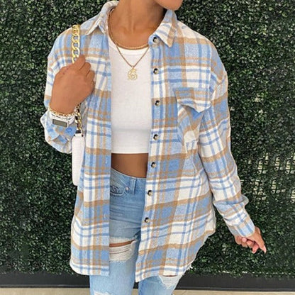maoxiangshop outfit inspo Fall 2024 Women's Woolen Lapel Button Plaid Pocket Long-Sleeved Coat for Women