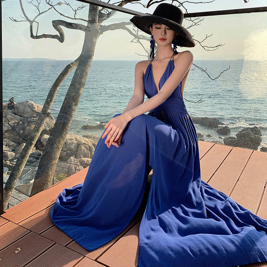 Deep v sexy backless dress seaside vacation beach dress summer Sanya travel wear with neck dress fairy