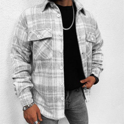 maoxiangshop Mens Sweater New Spring and Autumn New Long-Sleeved Plaid Long-Sleeved Shirt Casual Stand Collar Pocket Shirt for Men