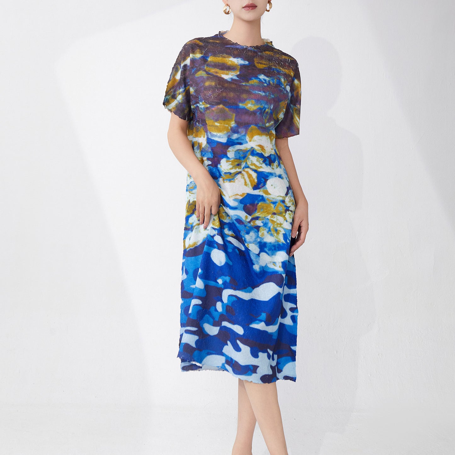 dress women's 2025 new summer loose large size meat cover printing short sleeve temperament casual medium and long skirt