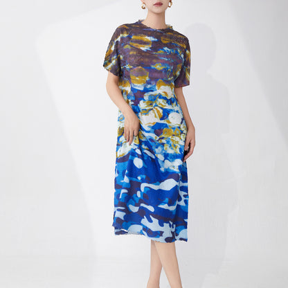 dress women's 2025 new summer loose large size meat cover printing short sleeve temperament casual medium and long skirt