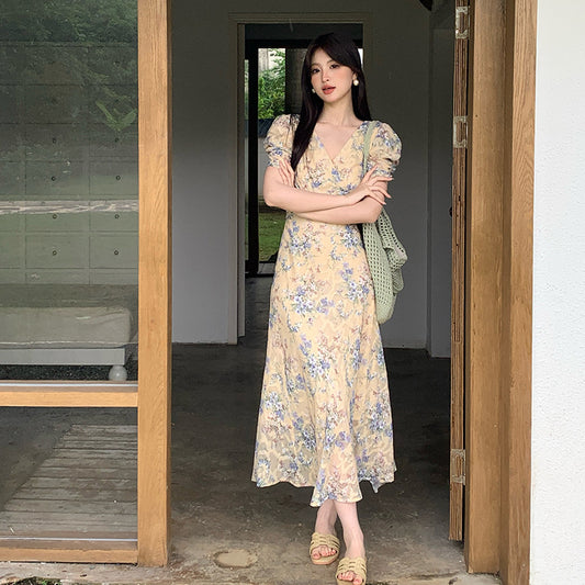 2025 Thirteen Lines  Spring and Summer New Temperament Printed Retro High Waist Short Sleeve Dress Women's BS88061