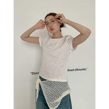 2025  kink backless design short-sleeved T-shirt women's 2025 summer Korean simple solid color top 015AX