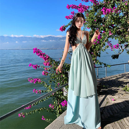 2025 Mint Green Vacation Fairy Suspender Dress Summer Beauty Neck Seaside Vacation Halter Dress Dress
